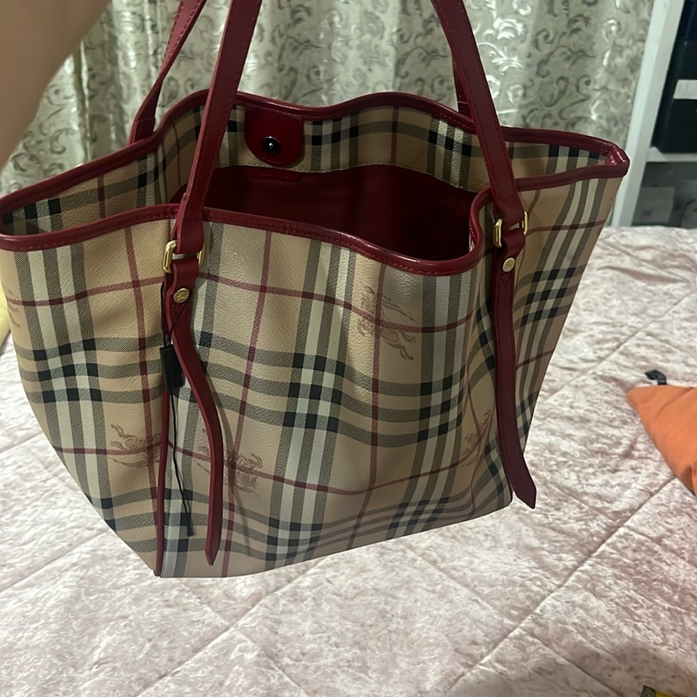 Plaid Tote Bag with Red Accents, see the picture, has stains inside and outside